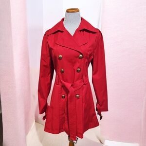 Black Rivet Red Double Breasted Trench Coat With 2 Tier Ruffle In Back Sz L EUC